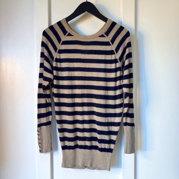 Navy & Tan Striped Sweater with Button Details Sz XS - Picture 1 of 2